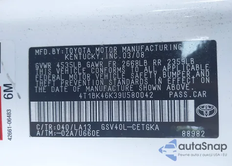 2009 Toyota Camry Xle V6 из США, поврежденный, VIN 4T1BK46K39U580042